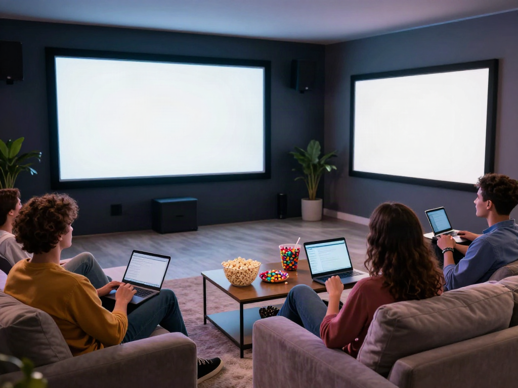 Friends enjoying a movie night streaming on ZoeChip with vibrant colors, snacks, and cozy atmosphere.