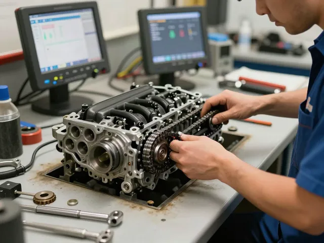 Mechaniker bei der Arbeit am BMW Motor und Steuerkette in Hannover.