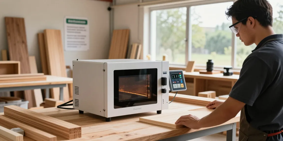 Shashel's microwave device in a modern workshop for chemical-free wood treatment.