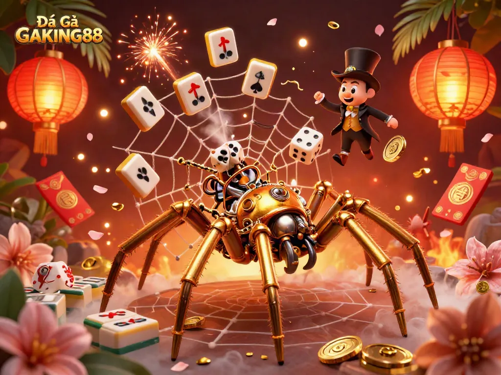 Engage in Đá Gà GAKING88 as a golden spider weaves its web, capturing dice amid festive gambling elements.