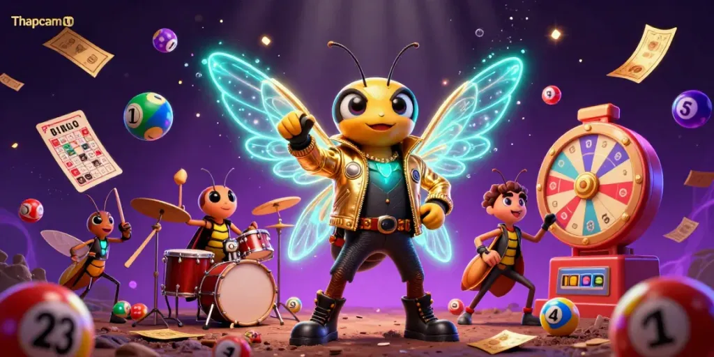 Thapcamtv showcases a vibrant sports betting scene featuring a rock star cicada and dynamic game elements.