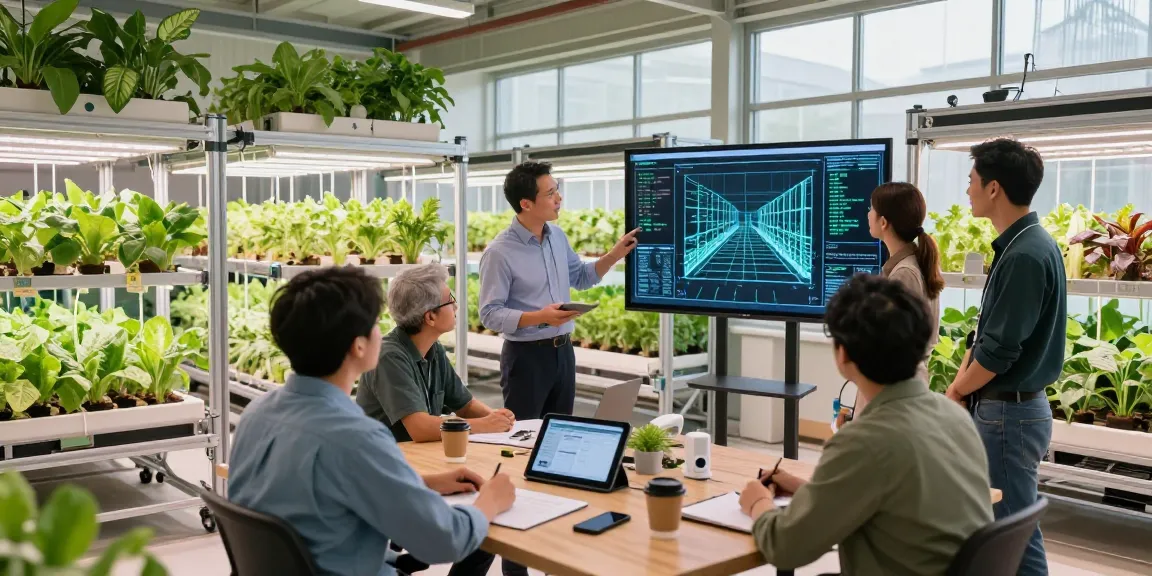 CIKA4D professionals collaborating on innovative indoor agriculture design with LED grow lights and plants.