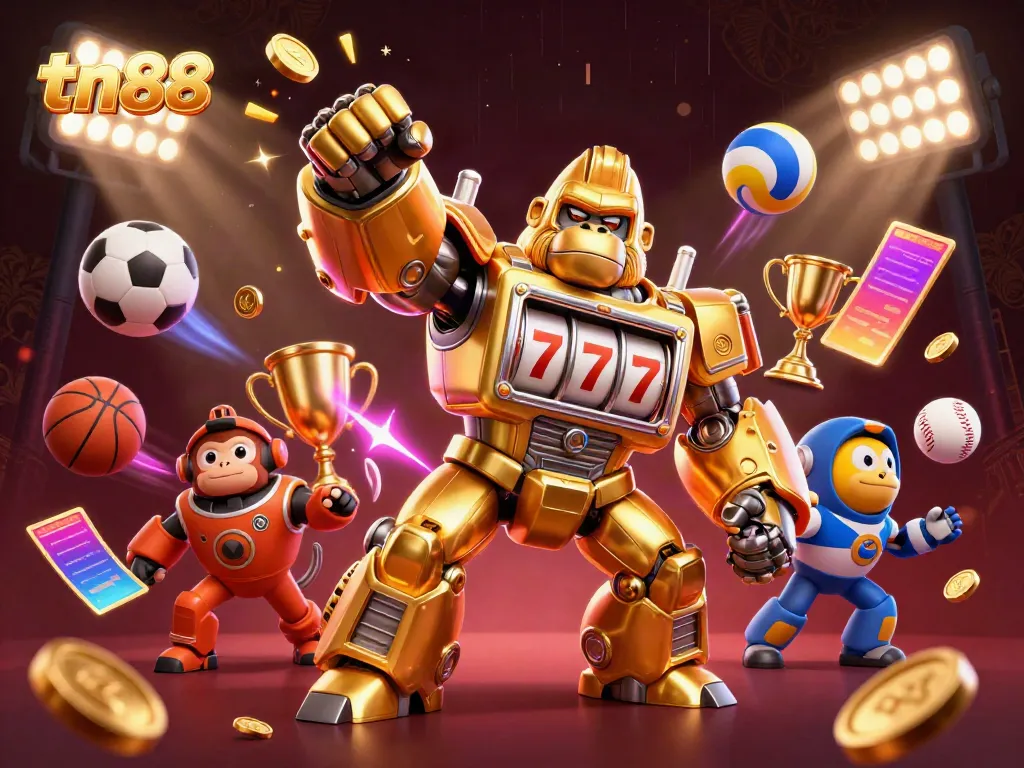 Experience tn88's thrilling gaming action with dynamic 3D slot machine mech, sports elements, and vibrant visuals.