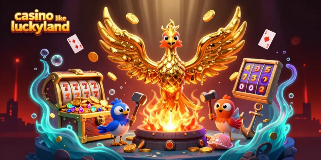 Engage in fun at this vibrant casino like LuckyLand, showcasing gold, slots, and exciting gameplay.