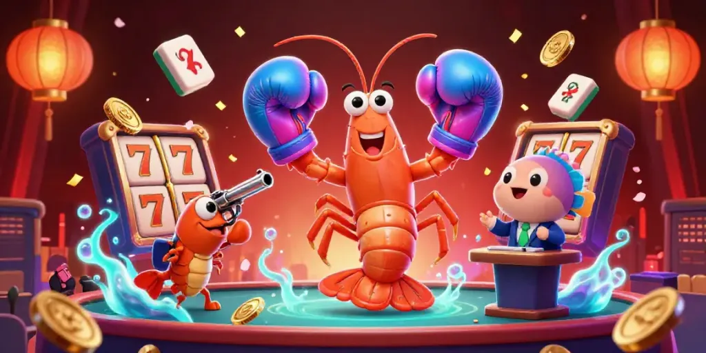 KUWIN showcases a vibrant casino scene with colorful slot reels, gold coins, and lively sea creature characters.