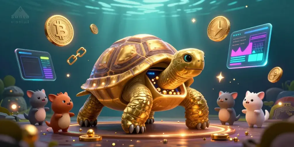 Experience the magic of santa rental with a lively scene of a golden tortoise pinball machine and excited animals.