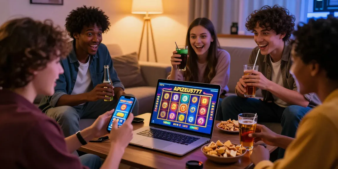 Friends enjoying online gaming on APIZEUS777 with vibrant slot games, embodying excitement and camaraderie