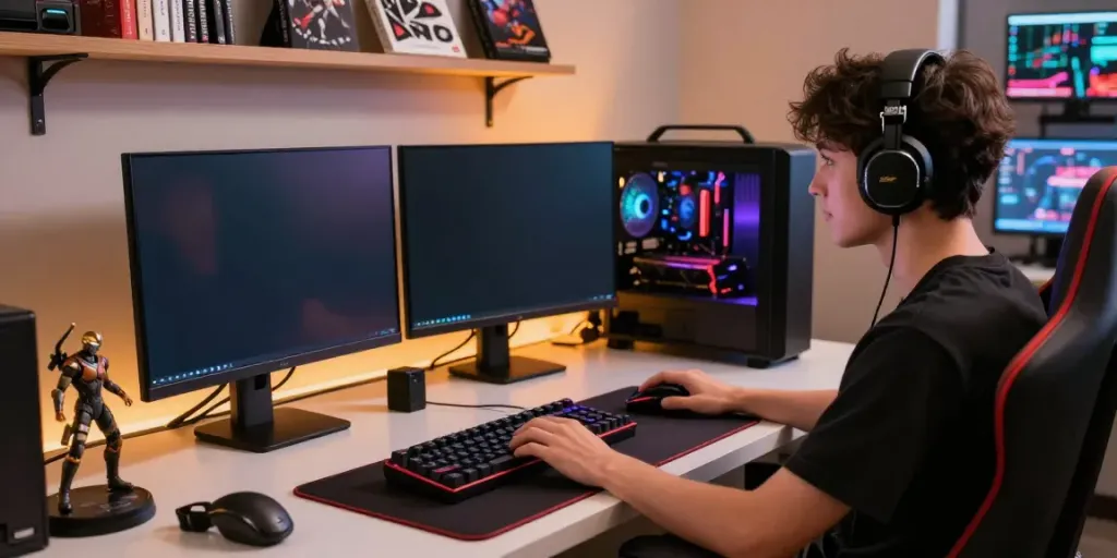 Engaged gamer using G15Tools while surrounded by tech gadgets and gaming gear.