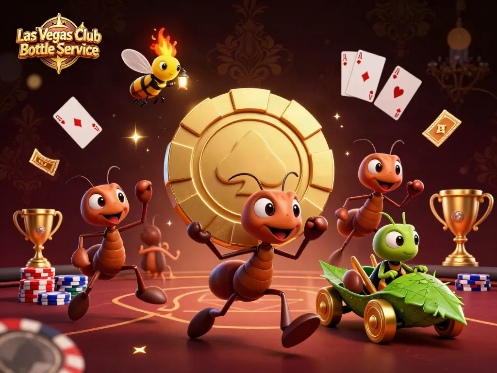 Experience Las Vegas Club Bottle Service with a vibrant 3D illustration of a heist team and poker elements.