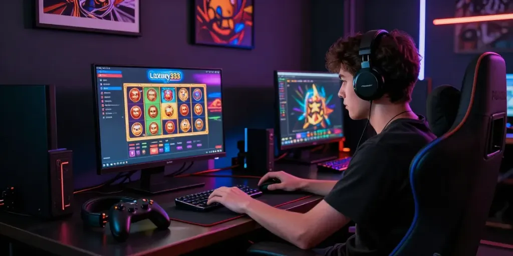 Engaging luxury333 gaming experience with vibrant slot graphics and immersive setup.
