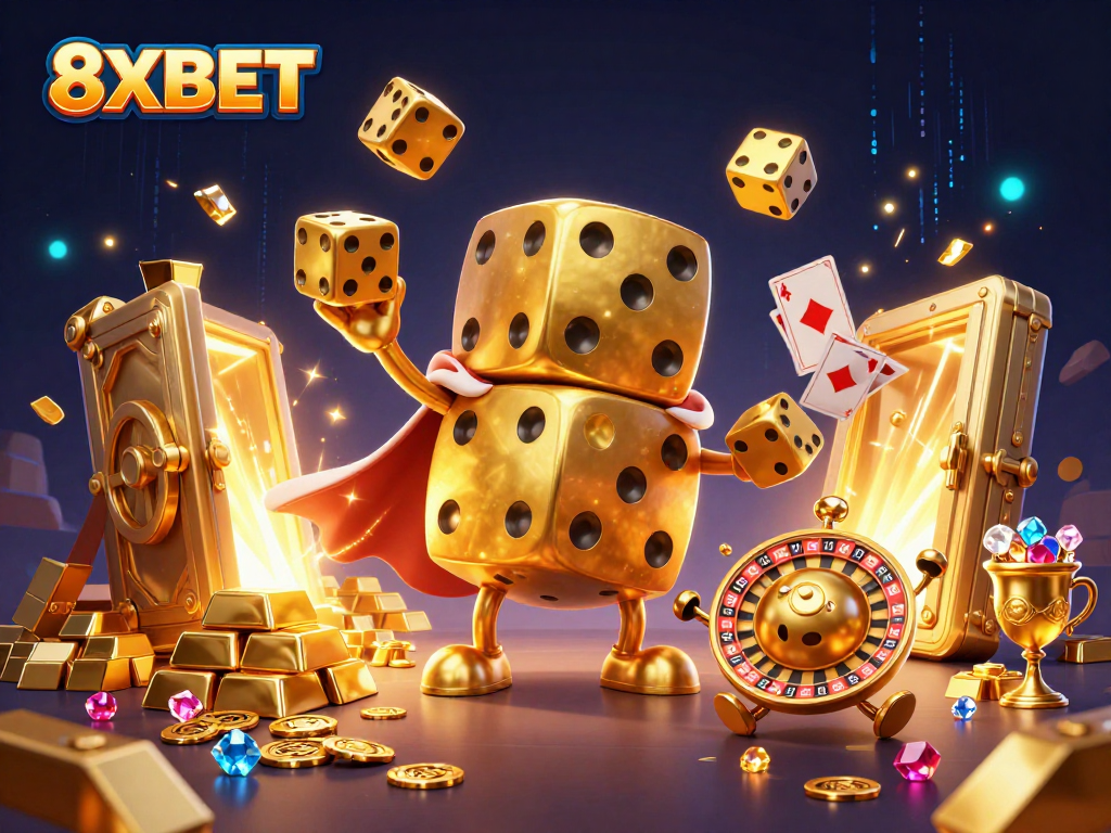 Experience 8XBET's vibrant gambling atmosphere with golden dice and treasure in this dynamic scene.