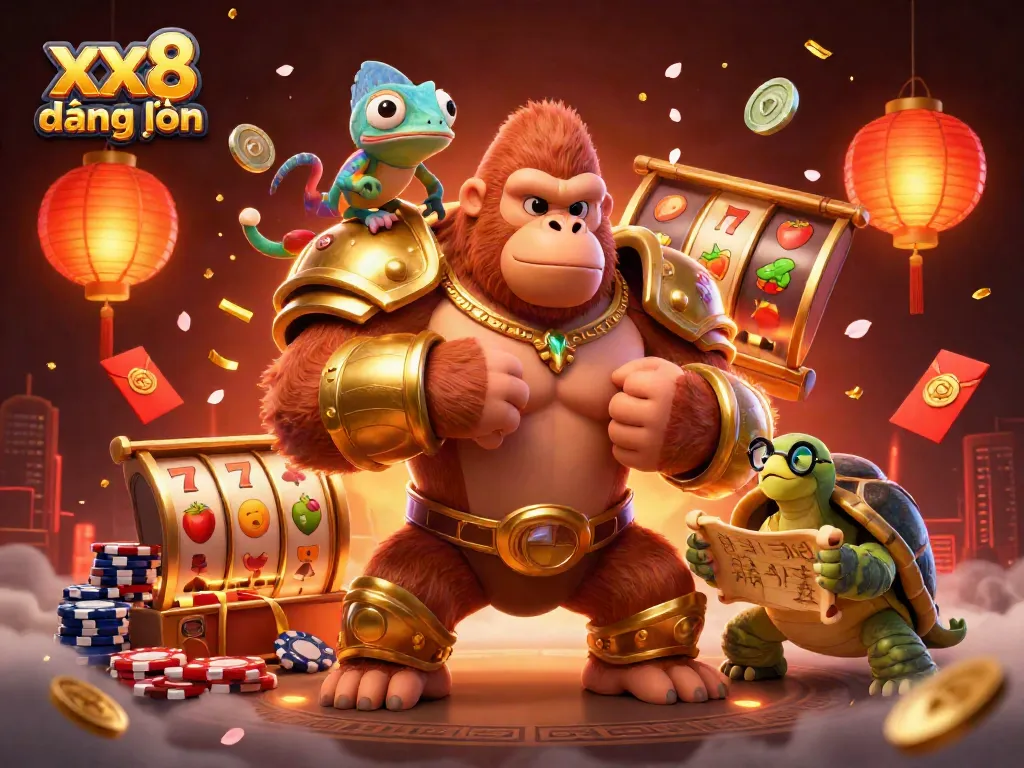 Engaging illustration of xx8 đăng nhập showcasing a powerful gorilla king with a chameleon and tortoise in a casino-themed scene.