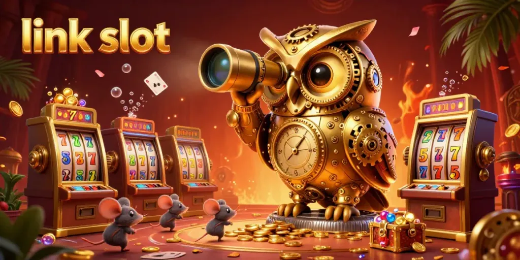 Engage with link slot gameplay, showcasing a vibrant scene of a golden owl and playful mice amidst dynamic slot machines.