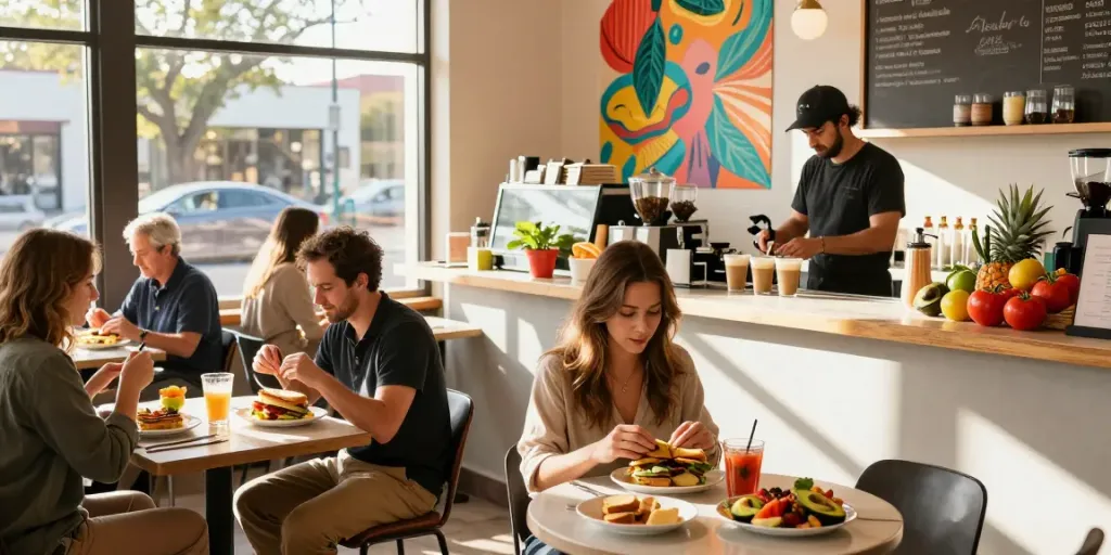 Best brunch Austin with NYC-inspired breakfast sandwiches in a lively café ambiance.