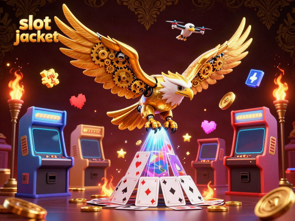 Experience thrilling slot jackpot action with a cybernetic golden eagle and dynamic 3D game elements.