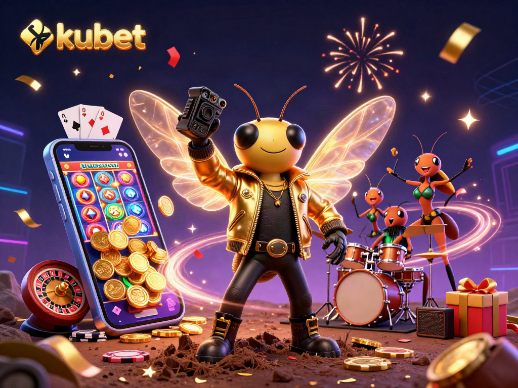 Engage kubet gaming action with a vibrant scene of a cicada rock star and casino elements.