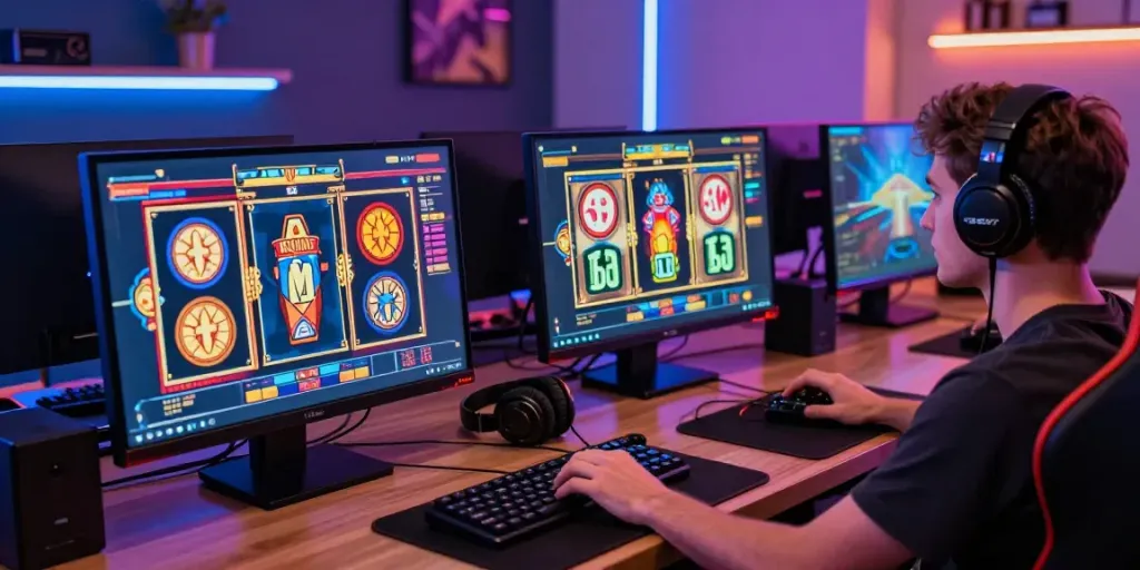 Dynamic scene of a player engaged in raja slot gaming with colorful reels and gaming setup.