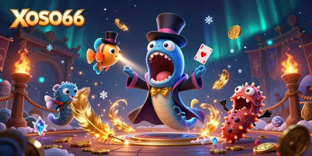 XOSO66 captivates with magical casino elements featuring vibrant underwater creatures and dazzling effects.