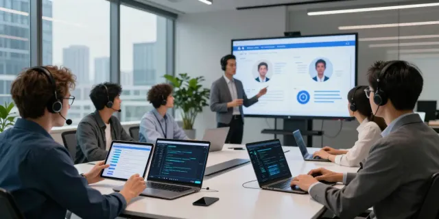 AI customer support team collaborating in a futuristic office, analyzing data for enhanced customer interactions.