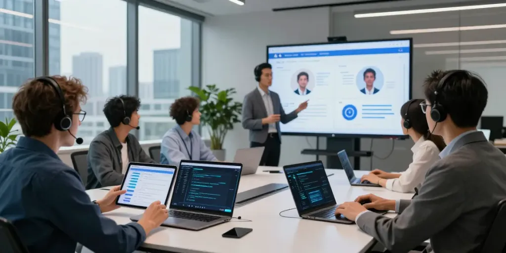 AI customer support team collaborating in a futuristic office, analyzing data for enhanced customer interactions.