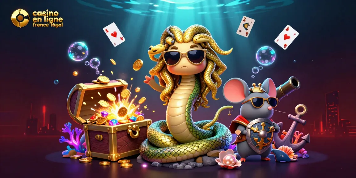 Illustration de casino en ligne France légal avec Medusa et guerrier souris dans une scène dynamique.