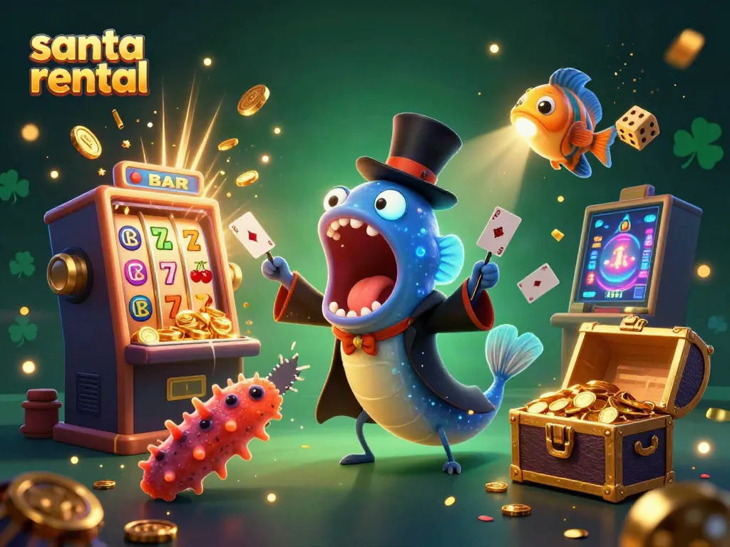 Engaging illustration of a Santa rental scene with festive casino elements and vibrant characters.