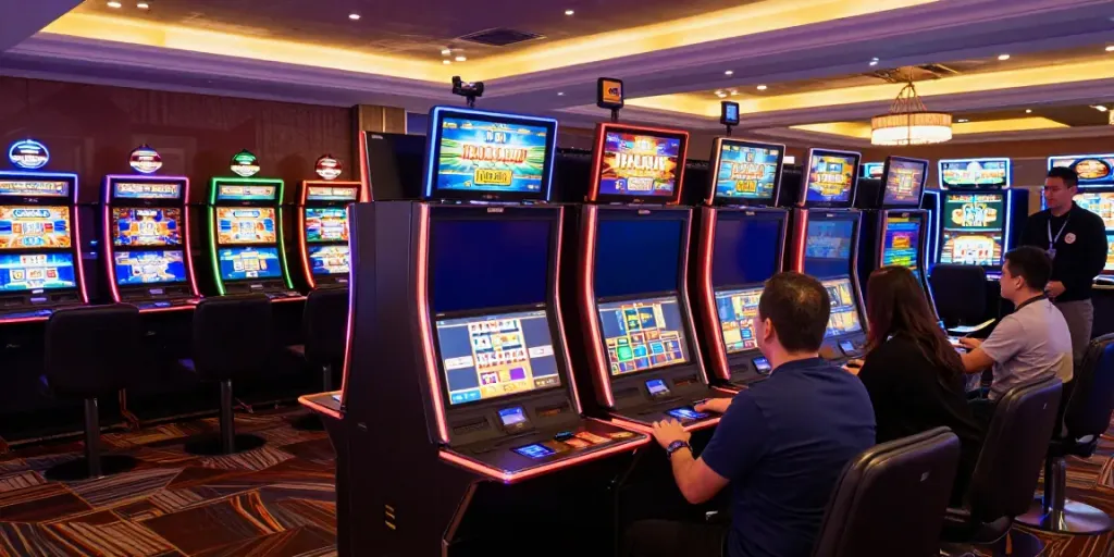 Pengalaman bermain slot online yang menyenangkan dengan mesin slot berwarna-warni dan suasana kasino yang mewah.