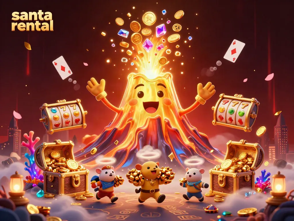 Experience the joy of santa rental with a festive 3D illustration filled with vibrant colors and dynamic gaming elements.