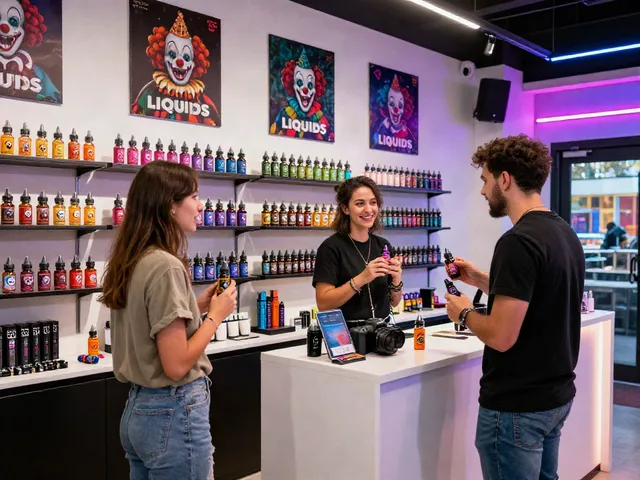 Customer exploring clown e liquid flavors in a vibrant vape shop, showcasing colorful bottles and a friendly atmosphere.