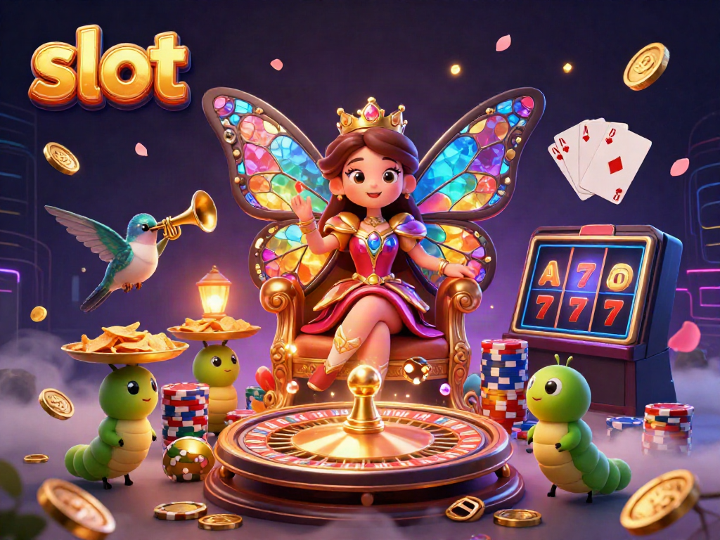 Experience the thrill of slot play with a vibrant illustration of a casino scene with a butterfly queen, golden coins, and dynamic game elements.