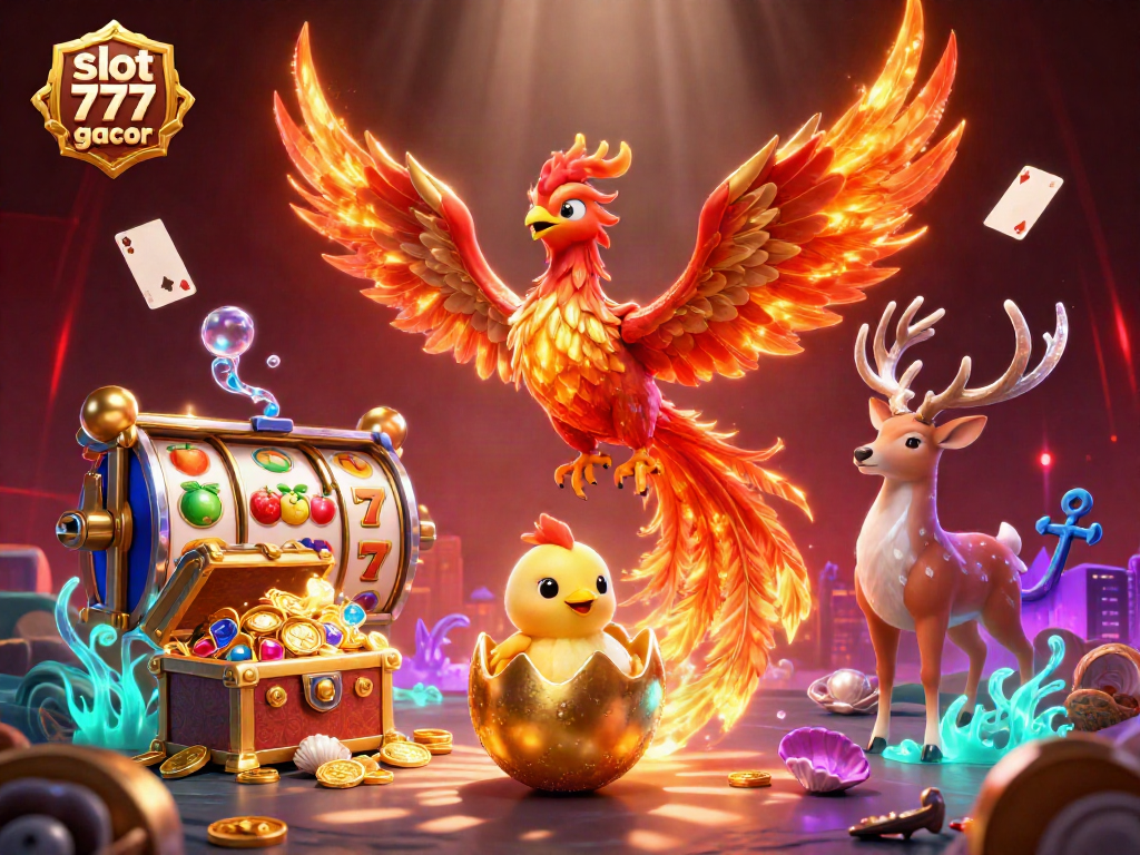 Engage with slot 777 gacor through a vibrant 3D scene featuring a phoenix and slot symbols.