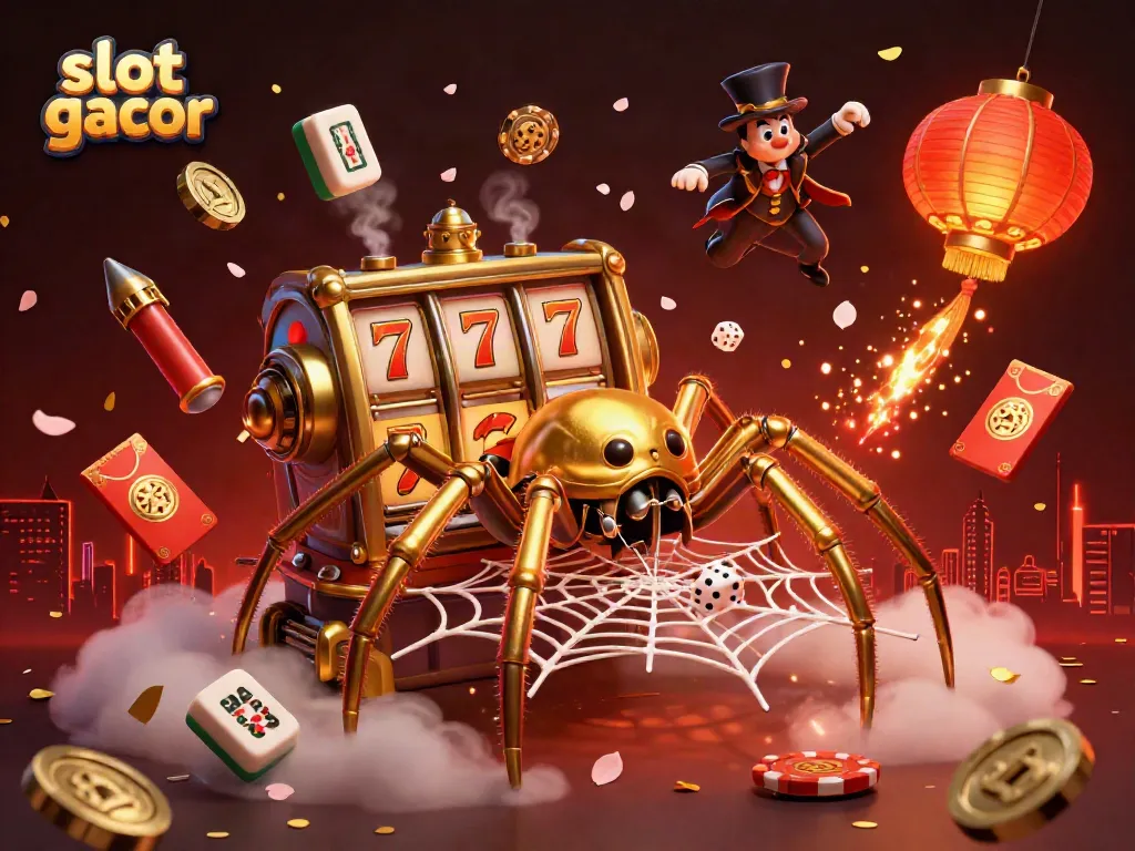 Join the excitement of slot gacor with a golden spider weaving jackpots in a vibrant casino scene.