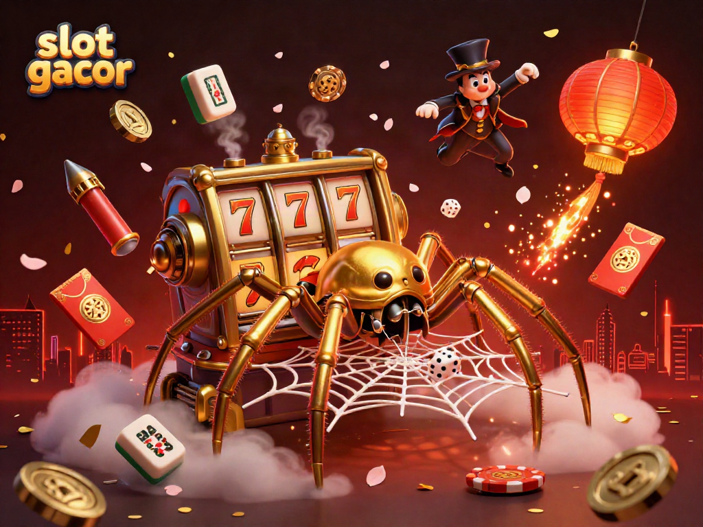 Join the excitement of slot gacor with a golden spider weaving jackpots in a vibrant casino scene.