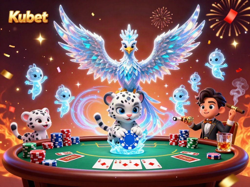 Kubet showcases a vibrant 3D illustration featuring a phoenix, snow leopard, and poker elements, perfect for casino enthusiasts.