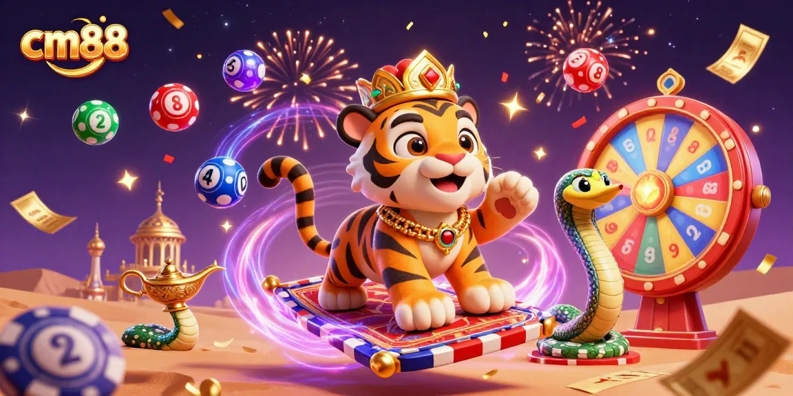 Engage with cm88's thrilling gaming experience featuring a vibrant tiger sultan, magic, and festive excitement.