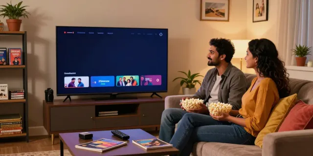 Couple watching Indian web series on TV with popcorn, cozy living room atmosphere - pornx11
