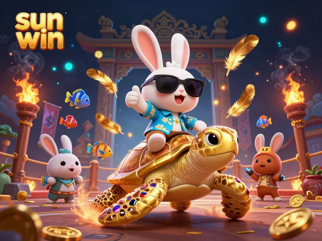 Experience thrilling wins at sun win with a lucky rabbit and golden turtle in a vibrant casino scene.