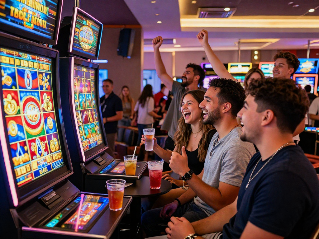 Crowd celebrating a slot jackpot win in a vibrant casino atmosphere.