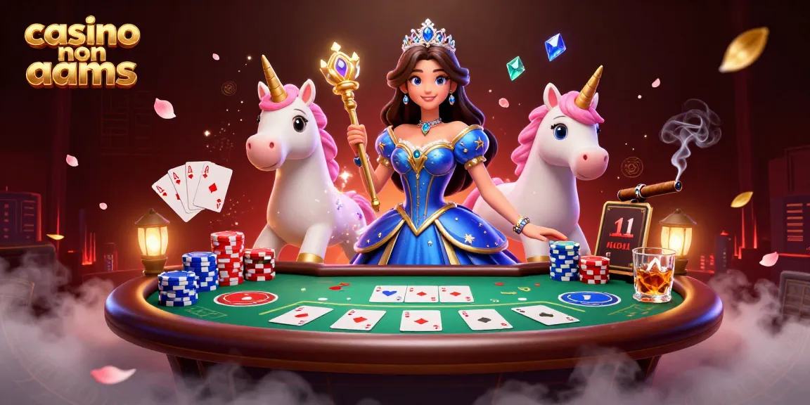Interagisci con i casino non AAMS attraverso una vivace scena 3D che presenta una donna regale e un unicorno tra elementi di poker.