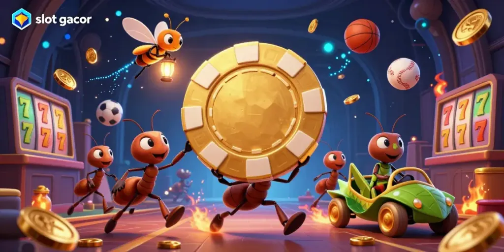 Experience excitement in this vibrant scene of ants executing a slot gacor heist with a golden poker chip and sporting elements around them.