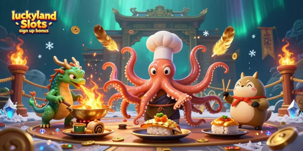 Play with the luckyland slots sign up bonus in a vibrant 3D casino scene filled with adventure.