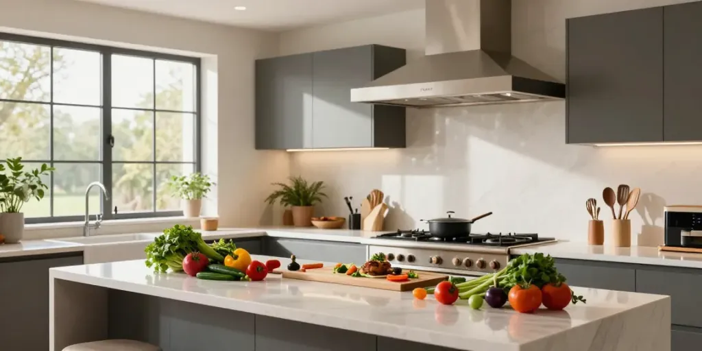 Elegant island cooker extractor hood in a bright modern kitchen with fresh ingredients.