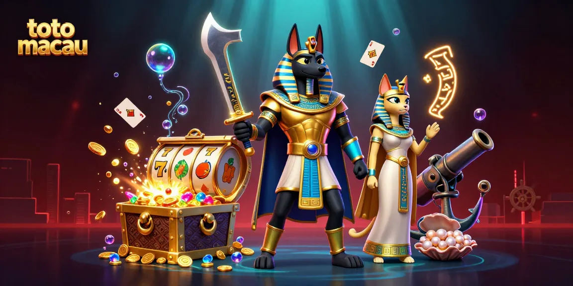 Menangkan jackpot di toto macau dengan karakter Anubis dan Bastet dikelilingi harta karun.