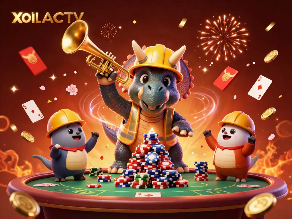 Cheerful celebration at XOILACTV with characters building poker chip pyramids and dynamic gaming elements.