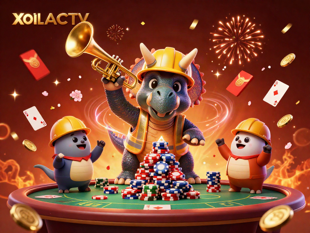 Cheerful celebration at XOILACTV with characters building poker chip pyramids and dynamic gaming elements.