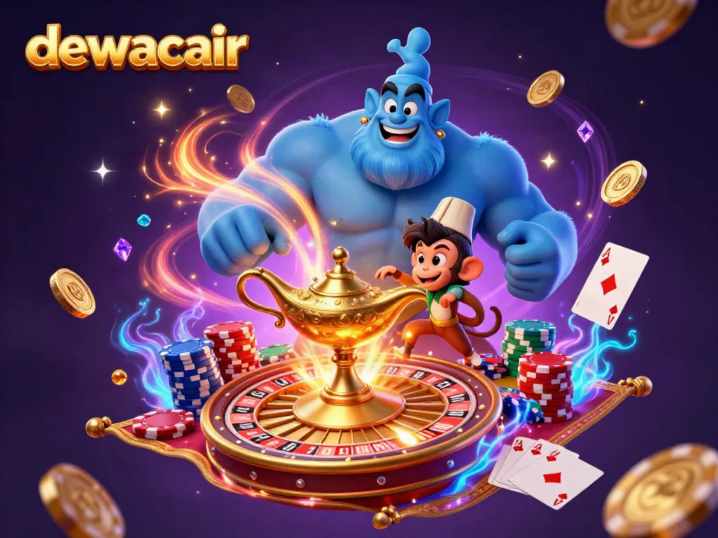 Dewacair showcases a vibrant 3D casino scene with a playful genie and monkey, embodying magic and excitement.