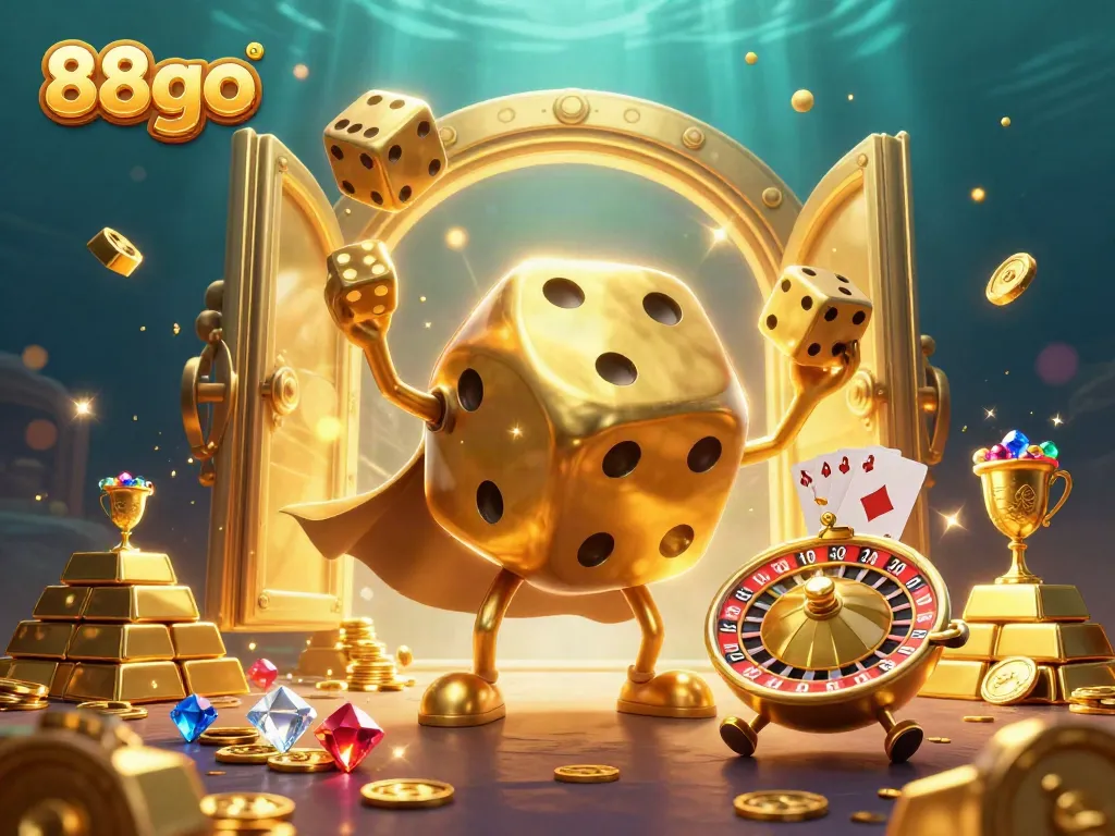 Engage with 88go's vibrant gaming world featuring golden dice and treasures.
