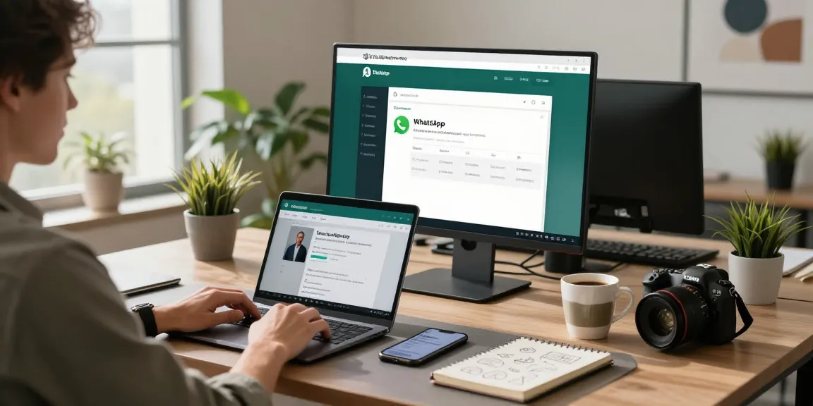 Person engaging with WhatsApp網頁版 on a modern workspace desk, showcasing productivity and connectivity.