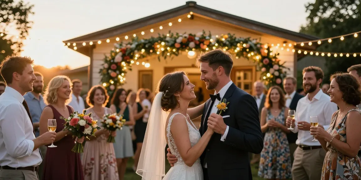 Hochzeit DJ Brandenburg: Paar tanzt glücklich auf romantischer Feier mit Lichtern und Blumen.