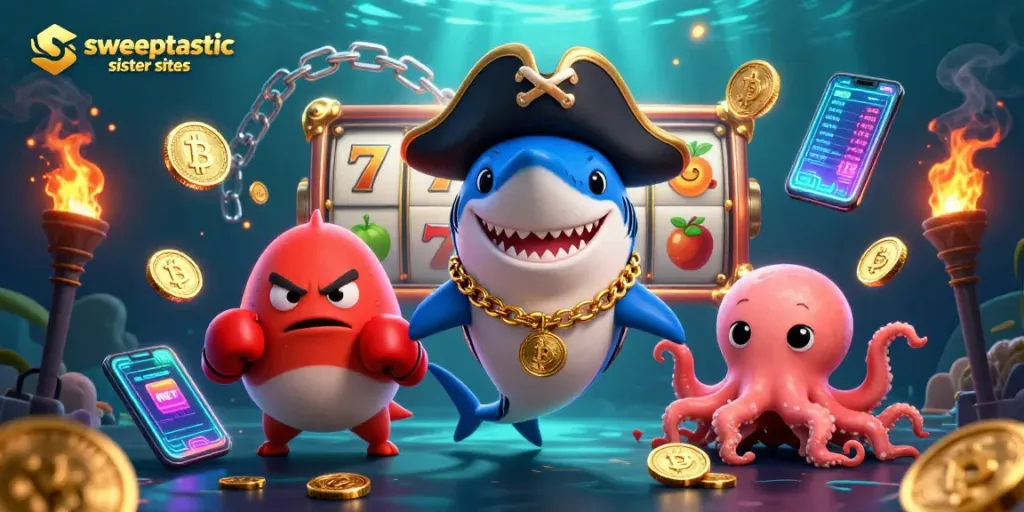 Engage with top sweeptastic sister sites in a vibrant underwater casino scene filled with characters and gaming elements.